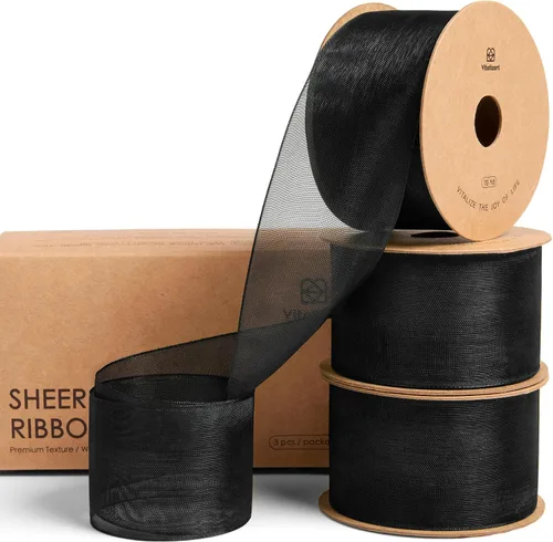 Vitalizart Cinta de organza de 1.5 pulgadas x 30 yardas, cintas transparentes negras para envolver regalos, manualidades, decoración de fiestas de