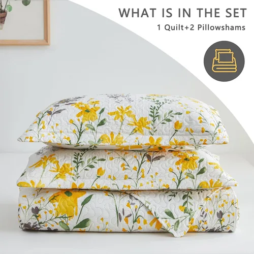 Miniatura 7 de Jarson Juego de edredón floral de 3 piezas, tamaño individual, colcha ligera estilo campestre para primavera y verano, juego de ropa de cama