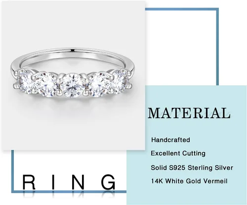 Miniatura 6 de MOOSEA 5 Stone Moissanite Rings for Women, 3.75MM D Color VVS1 Clarity Lab Created Diamond Anniversary Rings 14K White Gold Vermeil S925 Sterling