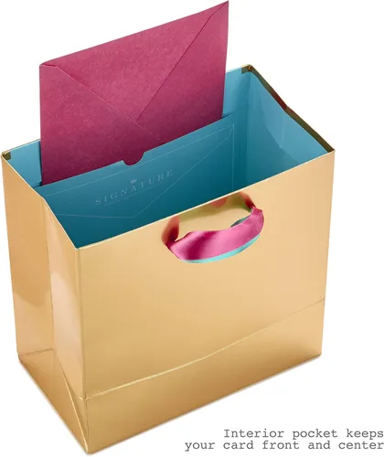 Miniatura 4 de Hallmark Signature - Bolsa de regalo de 7 pulgadas (tamaño mediano) con papel de seda (¡Hurray! Oro con confeti rosa, turquesa, púrpura)