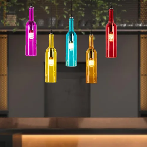 Miniatura 9 de Lámpara de techo industrial retro creativa con 5 luces para botella de vidrio, iluminación colgante de botella de vino de colores para cafetería