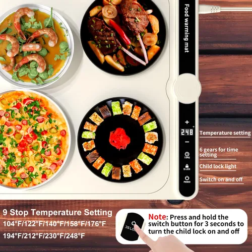 Miniatura 4 de LYSXP Tapete de calentamiento de alimentos 2025, 15 x 23.6 pulgadas, ajuste de temperatura de 9 niveles, calentador de alimentos multifuncional