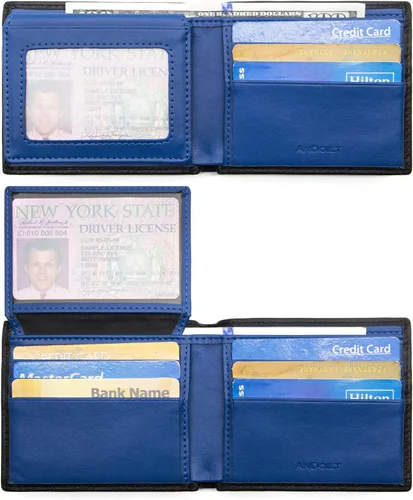 Miniatura 2 de ANDOILT Cartera de piel auténtica para hombre, con bloqueo RFID, plegable, elegante, con 2 ventanas de identificación, Negro&azul, Compacto