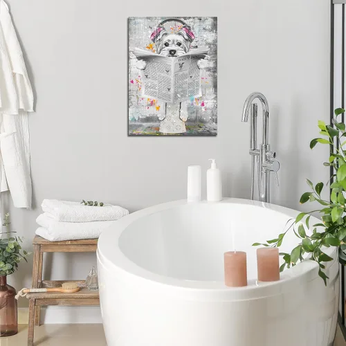 Miniatura 5 de ENTANUB Arte de Pared de Perro para Baño, Divertido Cuadro de Lienzo de Animales para Dormitorio, Decoración de Imágenes en Blanco y Negro
