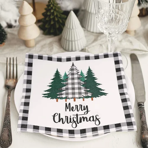 Miniatura 6 de Whaline Paquete de 80 servilletas de Navidad de papel con diseño de árbol de Navidad, diseño de búfalo blanco y negro, servilletas desechables
