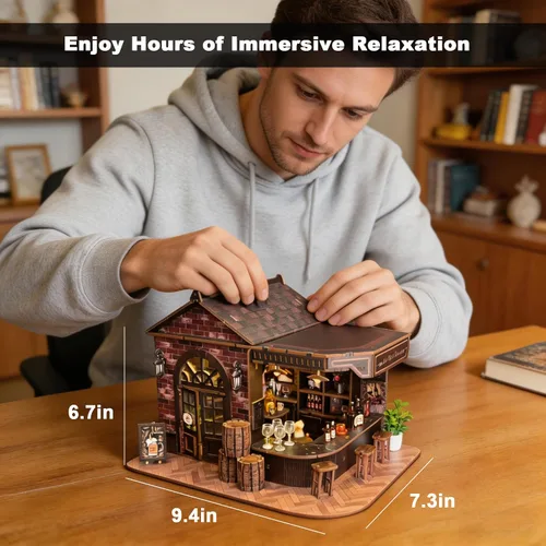 Miniatura 5 de Kit de rincón de libros, rompecabezas de madera 3D para bricolaje, casa en miniatura, taberna de esquina de pub vintage con luces LED, mini kit
