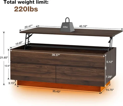 Miniatura 2 de HOMMPA Mesa de centro moderna con tapa elevable con almacenamiento para sala de estar, mesa de centro LED, mesa de comedor de madera con 2 cajones
