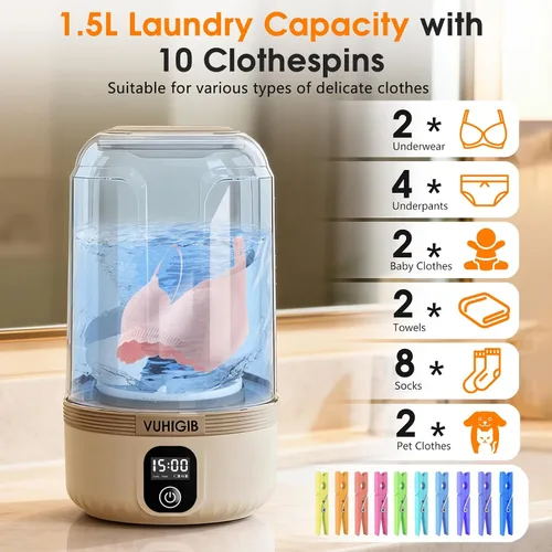 Miniatura 2 de Lavadora portátil, lavadora inalámbrica recargable de 7000 mAh con 10 pinzas para la ropa, limpieza profunda, ropa interior, calcetines delicados