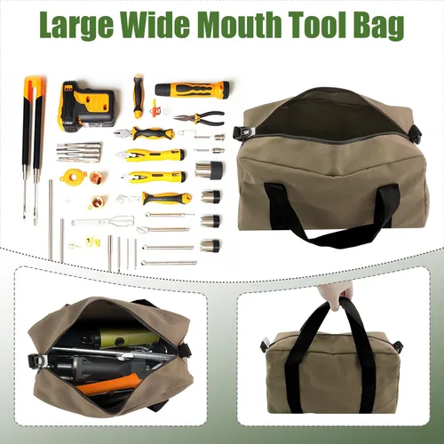 Miniatura 2 de Bolsa de herramientas pequeña, bolsa organizadora de herramientas de boca ancha, bolsa de herramientas de gran capacidad para hombres, bolsa de Caqui