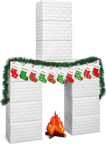 Miniatura 8 de Fullhawl 34 Piezas Chimenea de Cartón 3D de Navidad 39 x 59 Pulgadas Chimenea Artificial DIY de Navidad con Calcetín Accesorio de Llama de Fuego 3D