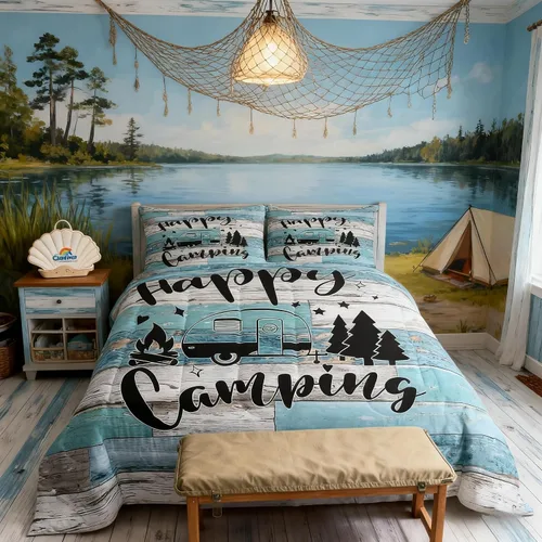Miniatura 58 de Juego de Edredón para Acampar Feliz para Niños Tamaño Individual, Juego de Ropa de Cama Rústica de Aventura de Granja y Cabaña, Decoración