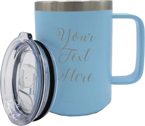 My Personal Memories Taza de café personalizada de 15 onzas con aislamiento y asa y tapa, monograma y grabado con tu texto (azul Carolina)