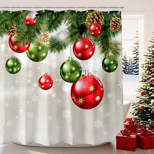 BROSHAN Cortina de ducha de baño de Navidad, juego de cortinas de ducha de Navidad de tela con patrón de adornos verdes y rojos, decoración de baño