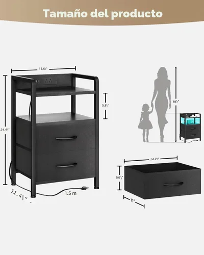 Miniatura 3 de Lazzanto Mesita de noche para dormitorio, mesita de noche con estación de carga y tira de luz LED, mesita de noche con estante de almacenamiento y 2