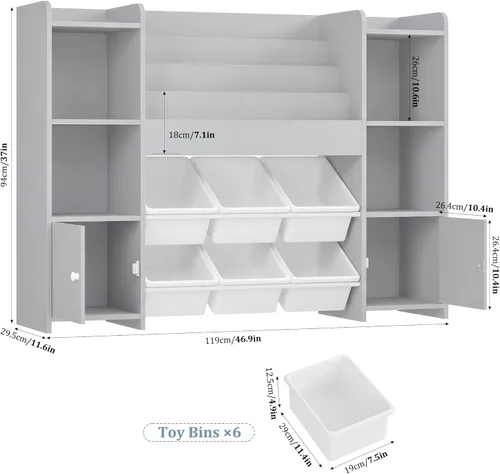 Miniatura 2 de FINETONES Organizador de almacenamiento de juguetes con 6 cubos de juguetes, organizador de juguetes para niños con 6 cubículos, organizadores