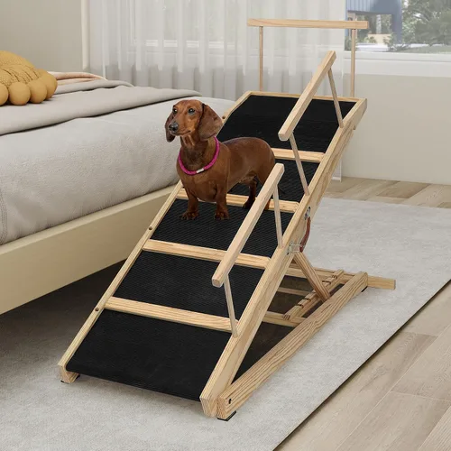 Miniatura 11 de Rampa para Mascotas Plegable Portátil de Madera para Perros y Gatos para Sofá o Cama, Incluye Alfombrilla Antideslizante y Rieles Laterales