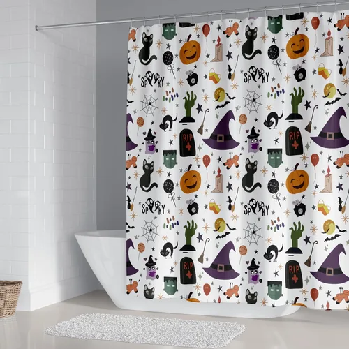 Miniatura 3 de Juego de 4 cortinas de ducha de Halloween, espeluznante cortina de ducha de gato negro con calabaza para decoración de baño de Halloween