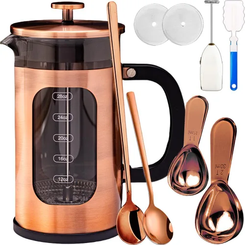 Cafetera de prensa francesa, 8 tazas de 34 onzas, prensa de café de acero inoxidable 304 con 4 pantallas de filtro, vidrio de borosilicato