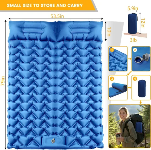 Miniatura 4 de Colchoneta de dormir para acampar para 2 personas, doble almohadilla de campamento con bomba de pie y almohada integrada, colchón de aire Azul