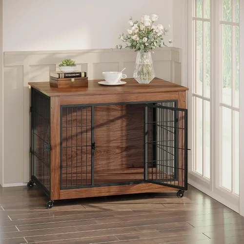 Miniatura 7 de Mueble de jaula para perros de 38.6 pulgadas con ruedas, mesa de madera resistente para perrera, jaula para mascotas de interior con 2 puertas, caja