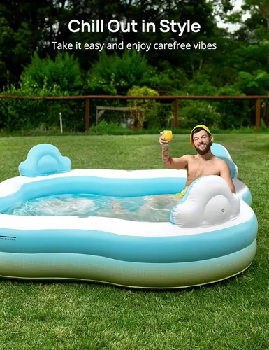 Miniatura 4 de EVAJOY - Piscina inflable para niños, adultos, piscina sobre el suelo de tamaño familiar con 4 asientos, 4 respaldos, portavasos, para patio