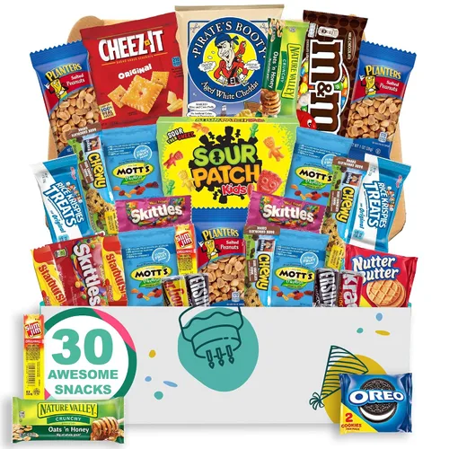 Miniatura 11 de Cesta de regalo de cumpleaños para hombre, caja de aperitivos abundante (paquete de cuidado de 50 piezas) Jerky, nueces, patatas fritas, pretzels