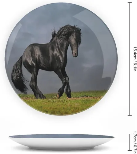 Miniatura 2 de XISUNYA Plato decorativo de 6 pulgadas, plato de cena de decoración de caballo, galope de semental friesio negro en puesta de sol tormentoso, placa