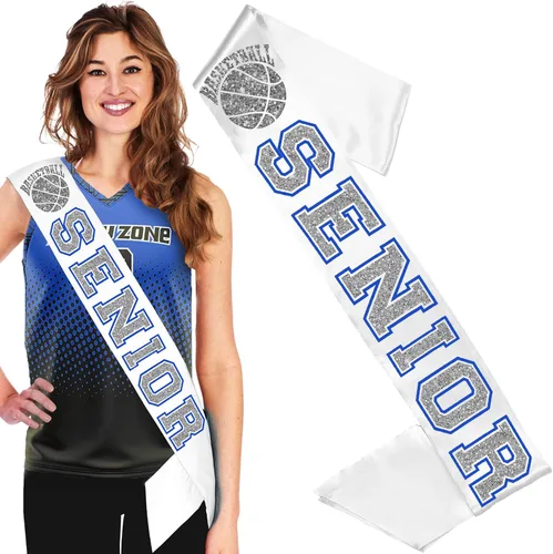 Miniatura 7 de RhinestoneSash Senior Sash Blue - Royal and Silver Sparkle White PREMIUM GRADE SATIN Sahes - High School Team Sports