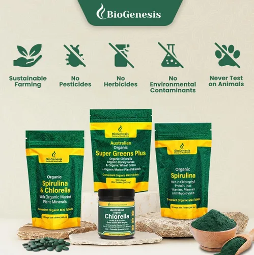 Miniatura 7 de Biogenesis SuperGreens Plus Tabletas – 300 unidades (200 mg) Sin sabor Clorella orgánica, pasto de trigo y hierba de cebada Cultivado