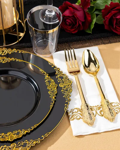 Miniatura 6 de Nervure - 350 platos de plástico negro - Juegos de vajilla de plástico negro para 50 invitados - 100 platos desechables, 150 cubiertos dorados, 50