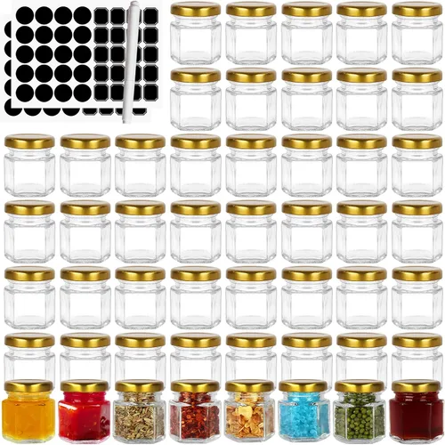 Mini tarros de miel de 1.5 onzas, paquete de 48 tarros hexagonales de vidrio con tapas doradas para recuerdos de boda, recuerdos de fiesta,