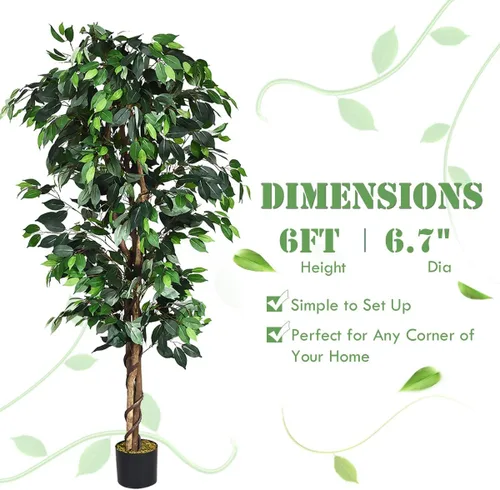 Miniatura 7 de Goplus Árbol de seda artificial de ficus de 6 pies, árbol falso en maceta con hojas verdes y tronco natural, sin mantenimiento, planta sintética