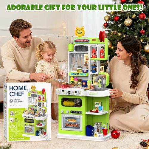 Miniatura 7 de DRAMATION Juego de Cocina para Niños, Cocina de Juego de 36.22'' para Niños Pequeños de 1-3 con Vapor, Sonido y Luz, Estufa de Cocina, Fregadero