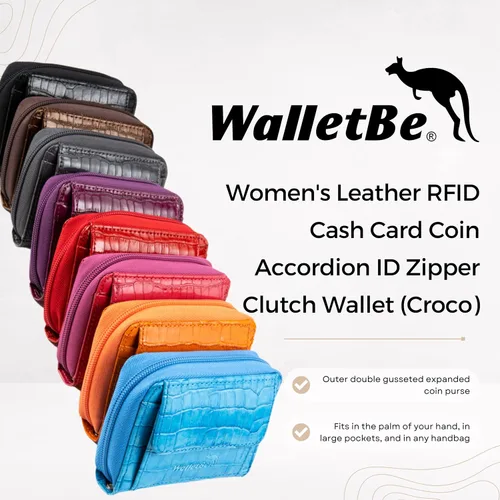 Miniatura 2 de WalletBe - Cartera de cuero para mujer, tarjeta de efectivo RFID de moneda, embrague de acordeón, identificación con cremallera Croco, Negro