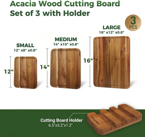 Miniatura 5 de Juego de 3 tablas de cortar de madera de acacia con soporte (16 x 12 pulgadas, 14 x 10 pulgadas, 12 x 8 pulgadas), charcutería de grano de borde
