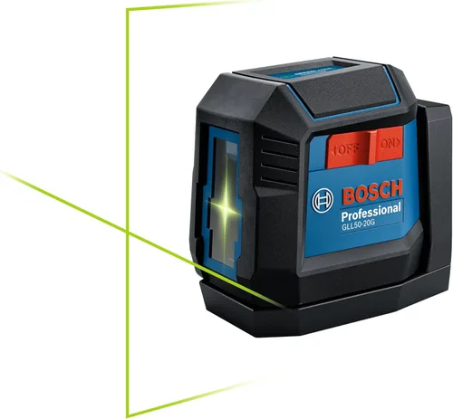 Bosch GLL50-20G - Láser autonivelante de línea cruzada de haz verde de 50 pies, incluye soporte magnético integrado, 2 baterías AA y funda blanda