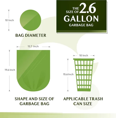 Miniatura 6 de FORID Bolsas de basura compostables de 2.6 galones, 150 unidades, 5 rollos, bolsas de basura verdes, pequeñas, duraderas, gruesas, sin perfume, 10