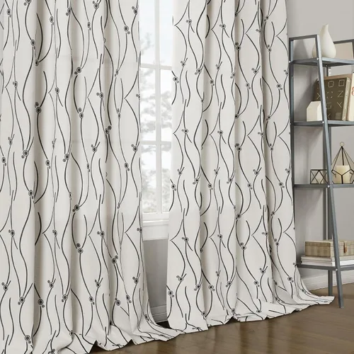 Miniatura 5 de Joywell Cortinas jacquard con ojales para sala de estar, 108 pulgadas de largo, línea ondulada negra con patrón de puntos, cortinas bordadas