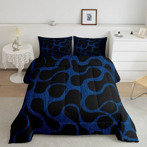 Juego de ropa de cama geométrica azul y negro para niños, niñas, adolescentes, niños, decoración moderna con patrón abstracto, juego de edredón de