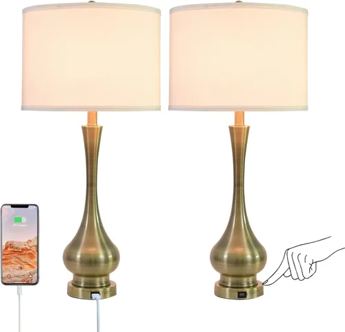 Miniatura 8 de Lámpara táctil para dormitorios juego de 2, juegos de lámparas de mesa de noche regulables de 3 vías con pantalla de tela de lino, lámpara