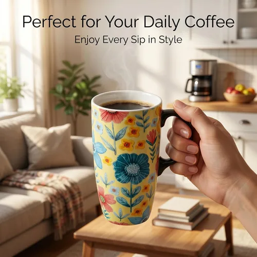 Miniatura 4 de DUSVALLY Taza de Café de Cerámica Taza de Viaje Regalo con Tapa 17oz, Taza de Té con Asa para Latte, Capuchino y Cacao, Tazas de Café de Porcelana