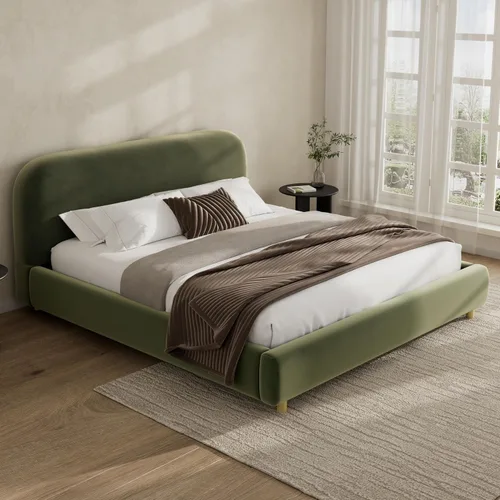 Miniatura 17 de Cama de Plataforma Tapizada con Forma Curva con Cabecera de Forma Curva, Marco de Cama de Madera Tamaño Full para Dormitorio de Niños y Adultos