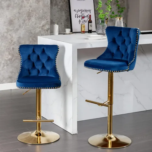Miniatura 12 de Taburete de bar giratorio ajustable de altura de mostrador, silla de bar tapizada de terciopelo dorado con base cromada con respaldo acolchonado