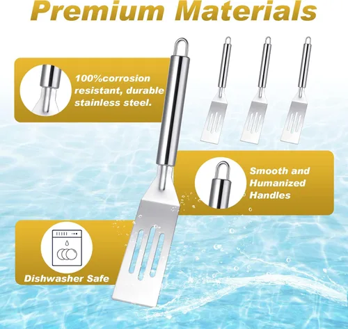 Miniatura 3 de Ramede 12 espátulas pequeñas de metal de acero inoxidable ranuradas fritas de 9.84 pulgadas, utensilio de cocina antiadherente flexible para cocina