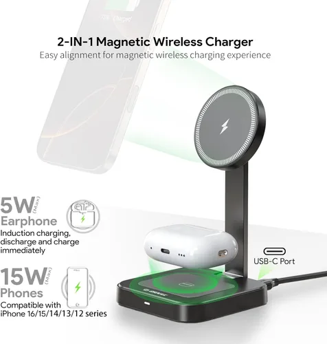 Miniatura 2 de Estación de carga inalámbrica magnética 2 en 1, soporte de cargador plegable para iPhone 17/16/15/14, almohadilla de carga AirPods, cargador