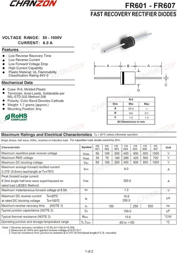 Miniatura 2 de Chanzon FR607 Diodo Rectificador de Recuperación Rápida 6A 1000V 150-500ns R-6 Axial 6 Amp 1000 Voltios Diodos Electrónicos