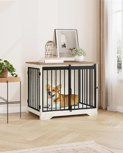 Miniatura 5 de Hzuaneri Mueble de jaula para perros de 31.9 pulgadas con puerta de granero, perrera resistente para interiores con 2 puertas, mesa auxiliar