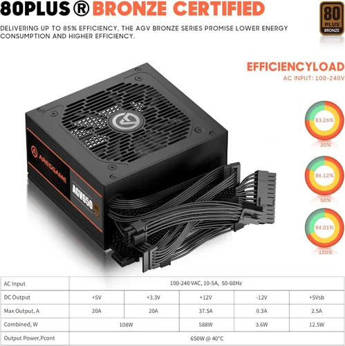 Miniatura 2 de ARESGAME Fuente de alimentación AGV Series 650W, certificado 80 Plus Bronze, fuente de alimentación no modular, garantía de 5 años