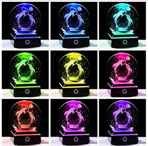 Miniatura 2 de Regalos de bola de cristal en 3D con delfines para mujeres, hombres y adultos, esfera de nieve con base LED, luz nocturna, delfines únicos grabados
