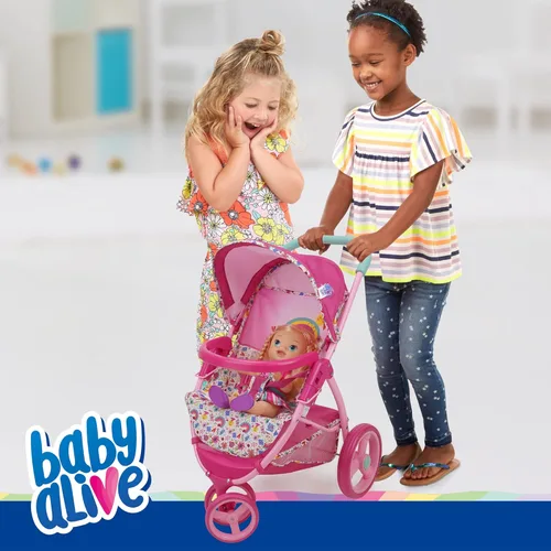 Miniatura 5 de Baby Alive: Cochecito de muñeca para correr, rosa y arcoíris, se adapta a muñecas de hasta 24 pulgadas, toldo retráctil, barra de parachoques